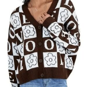 JUST POLLY Black & White Flower Love Oversized Knit Cardigan